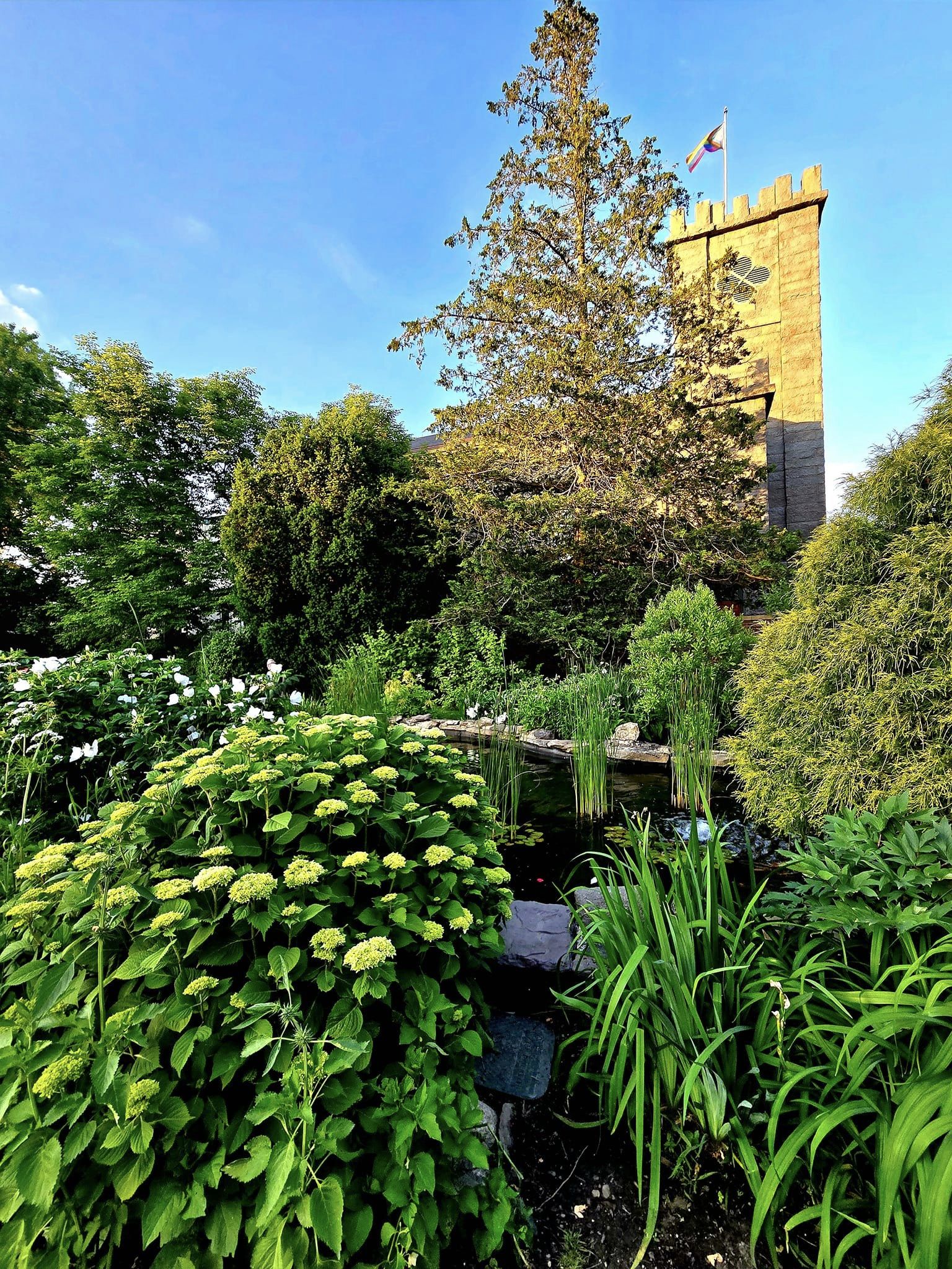 A garden view of a Castle tower